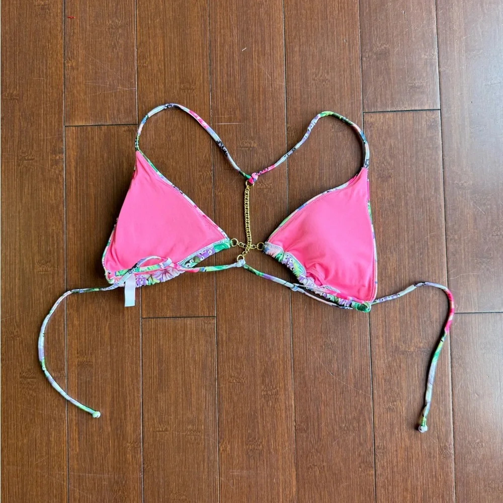 Multicolored Floral Bikini Top With Gold Chain Accents By Victoria's‎ Secret